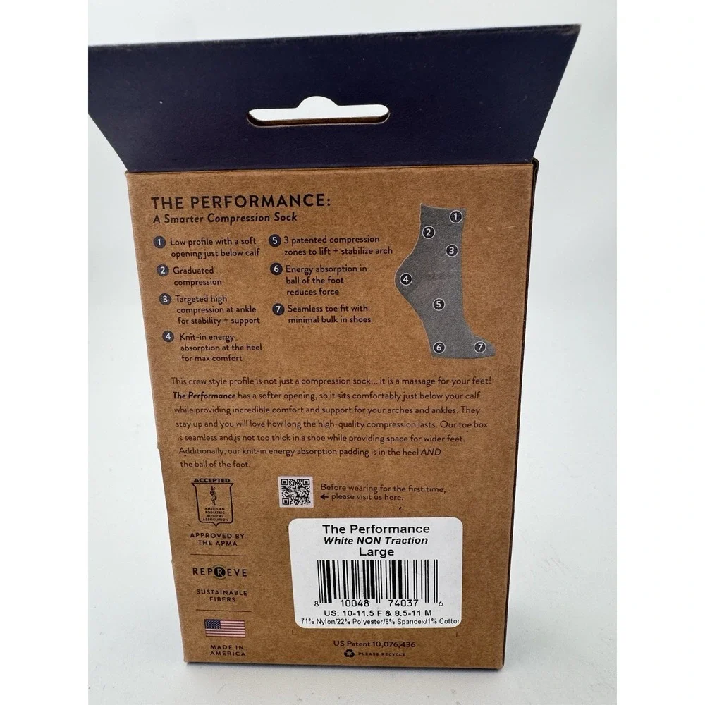 APOLLA L The PERFORMANCE Crew Socks Non-Traction Compression Stability White NEW